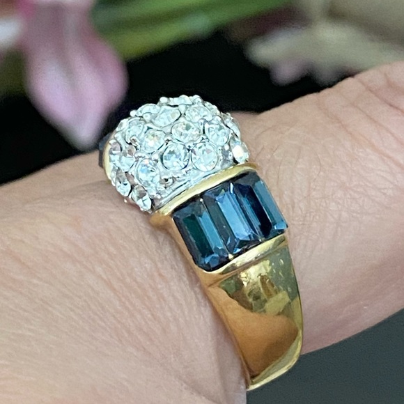Vintage CZ Stone with Blue Baguette Gold-plated Ring Size 9 - Picture 5 of 14